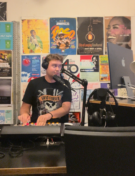 Durham University student Elliott Wallace presenting a radio show in Sydney during his media placement in Australia